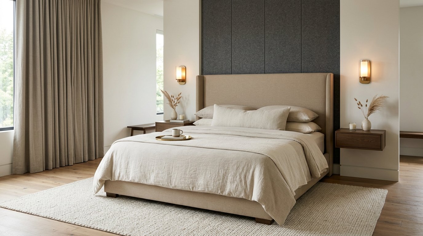 Serene modern master bedroom with linen upholstered bed, acoustic wall paneling, natural wool rug, and warm 2200K bedside sconces