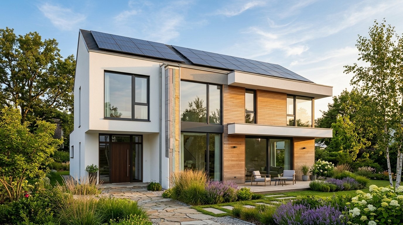 Modern architecturally energy-efficient house with triple glazed windows, exterior thermal cladding, and rooftop solar array