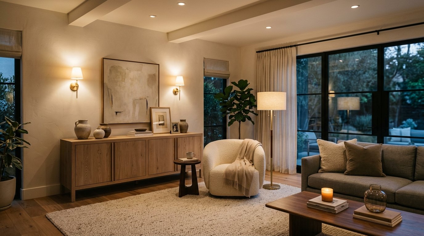 Warm layered residential lighting with brass wall sconce, ambient recessed ceiling spots, and task lamp over dining table