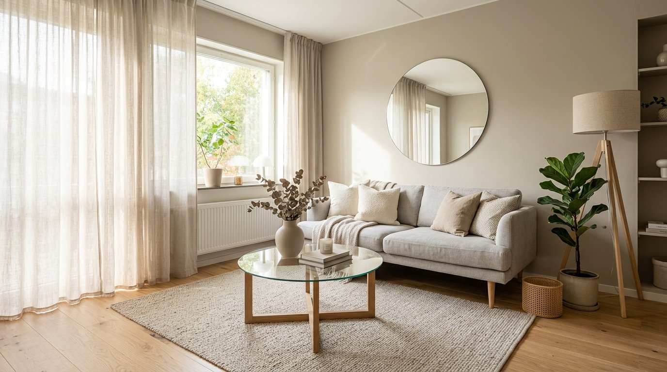 Well-proportioned modern compact living room with low-profile sofa, layered lighting, and floating shelves